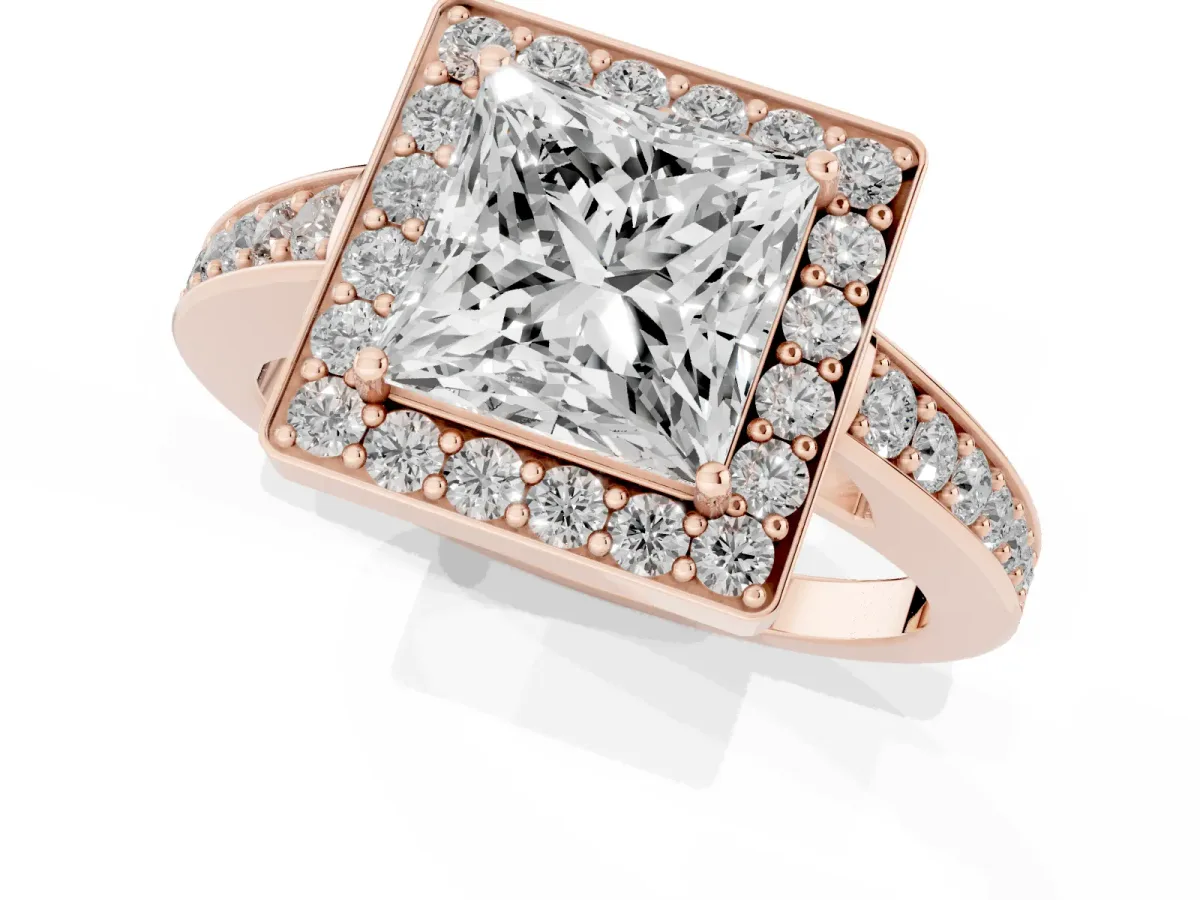 Princess Cut Halo Pavé Diamond Engagement Ring with Bezel Setting Rose gold