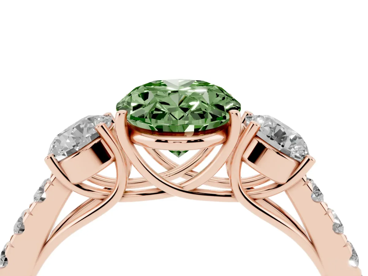 Fancy Green Oval Cut Cut Diamond Three-Stone Ring with Round Side Stones and Pavé Band Rose gold