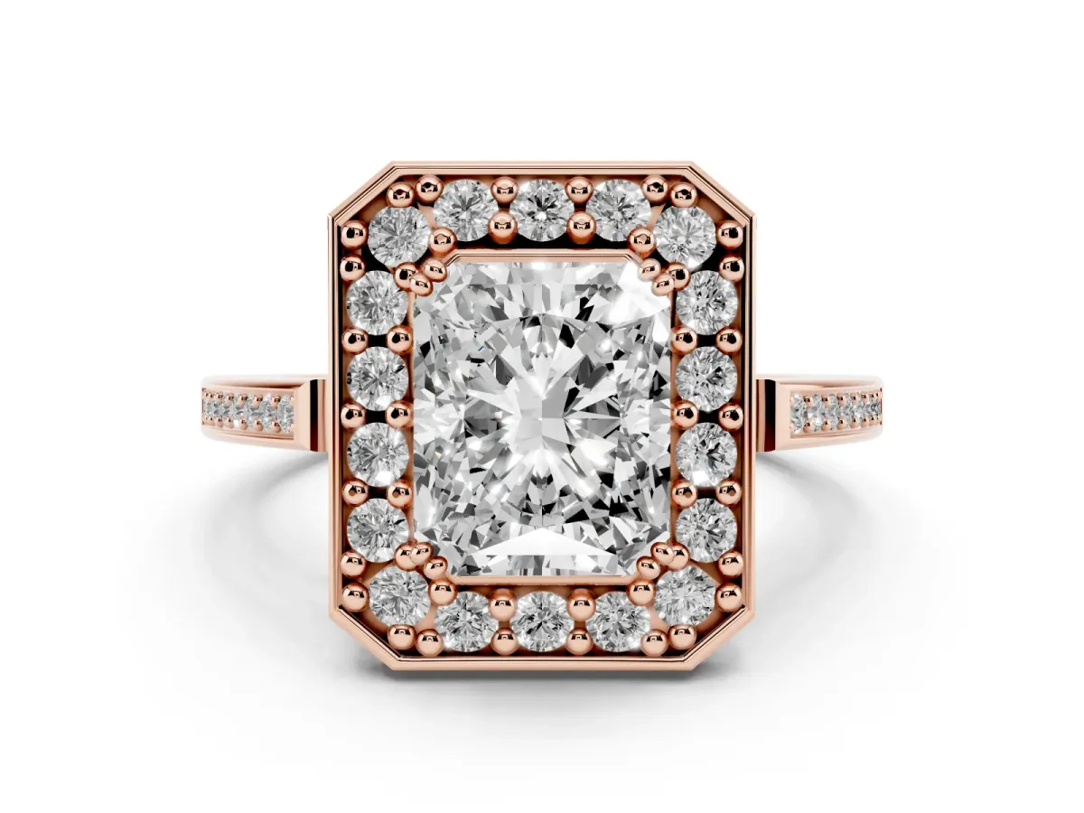 Radiant Cut Diamond Halo Ring with Split Shank and Four-Prong Setting Rose gold
