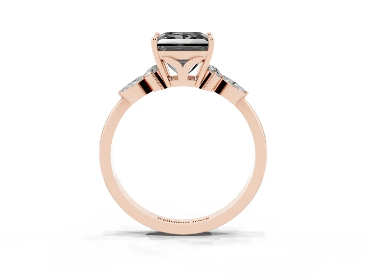 Fancy Black Princess Cut Brilliant Diamond Solitaire Ring with Pear Side Stones and Four-Prong Setting Rose gold