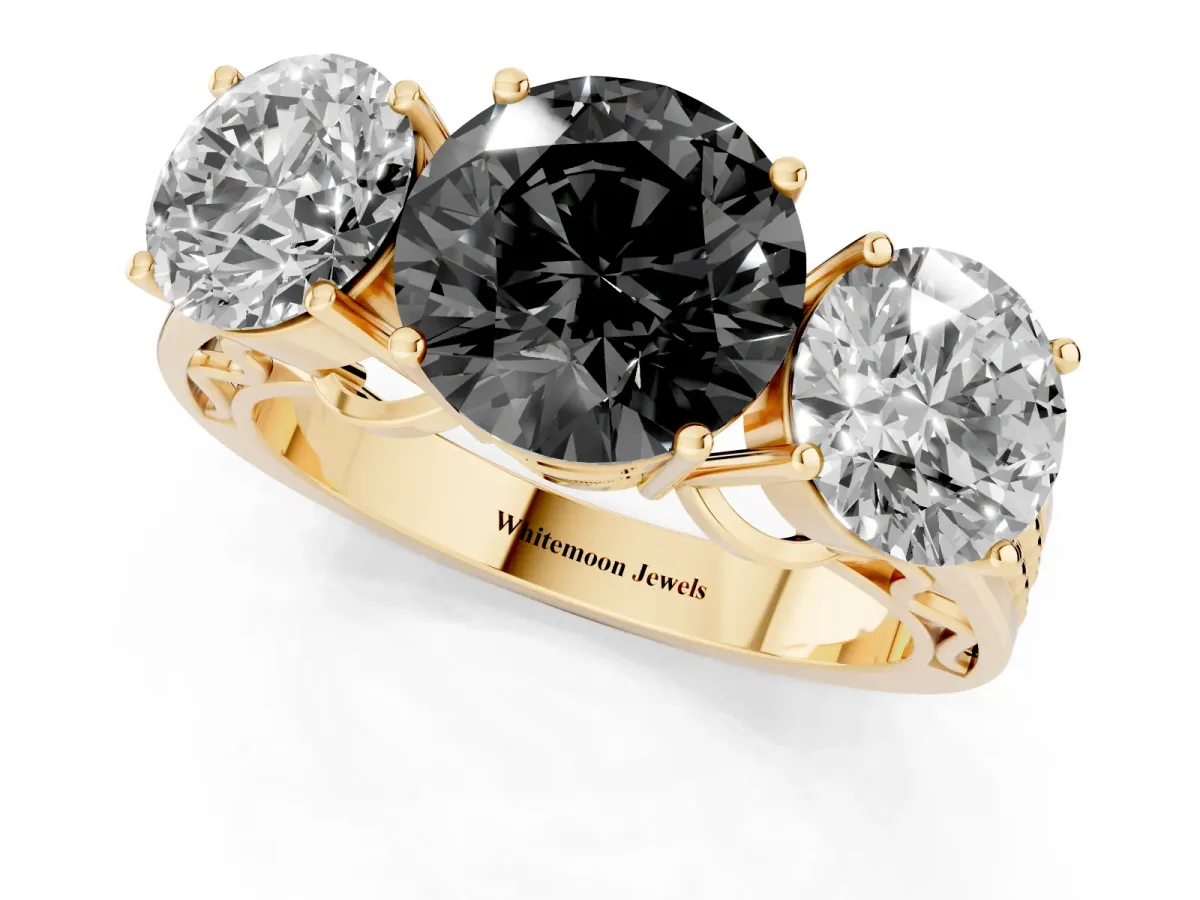 Fancy Black Round Cut Diamond Three-Stone Ring with Prong Setting and Textured Band Yellow gold