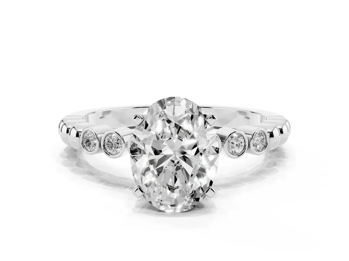 Oval Cut Solitaire Bezel Accent Diamond Engagement Ring with Beaded Band and Four-Prong Setting Silver