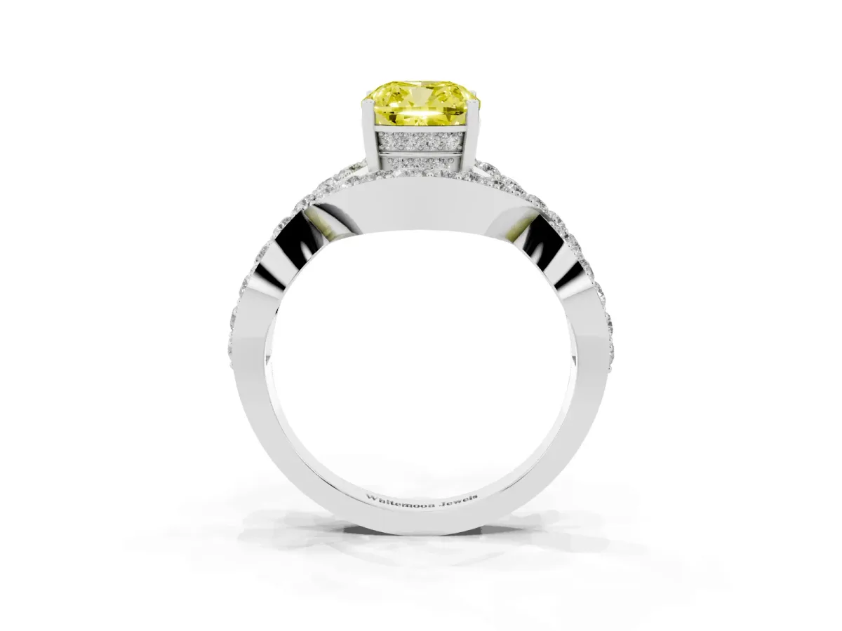 Fancy Yellow Cushion Cut Solitaire Twist Band Pavé Diamond Engagement Ring Silver