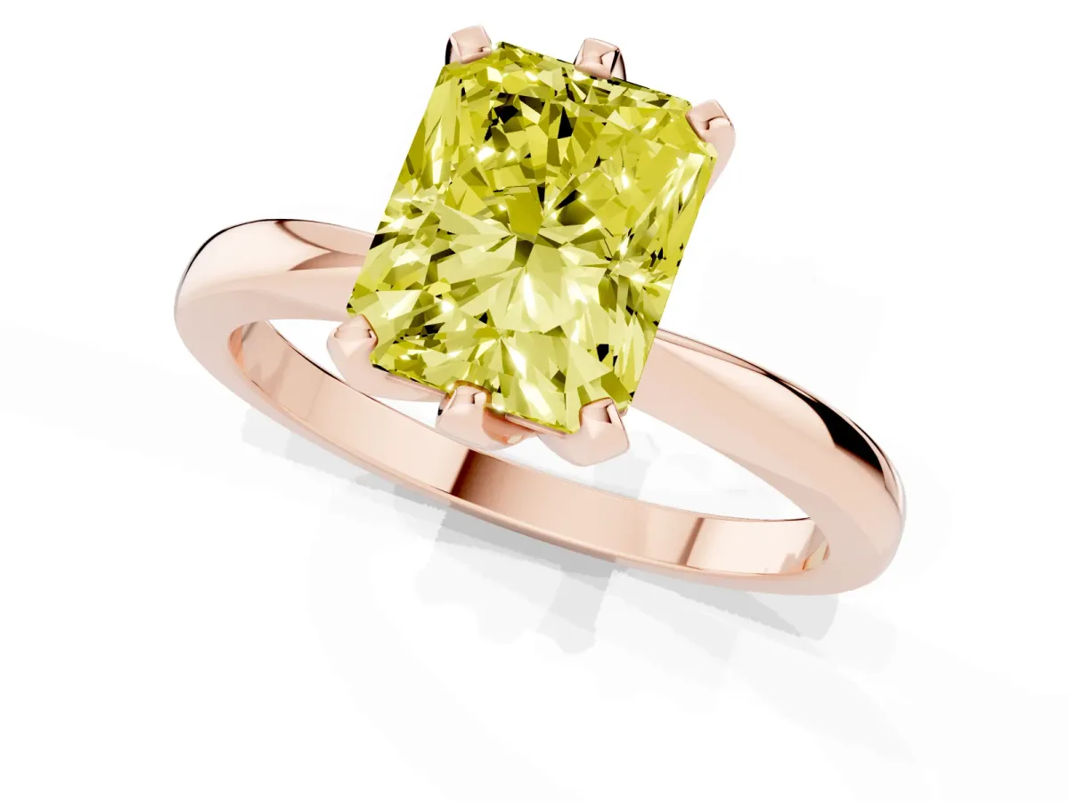Fancy Yellow Radiant Cut Solitaire Engagement Ring with Six-Prong Setting and Tapered Band Rose gold