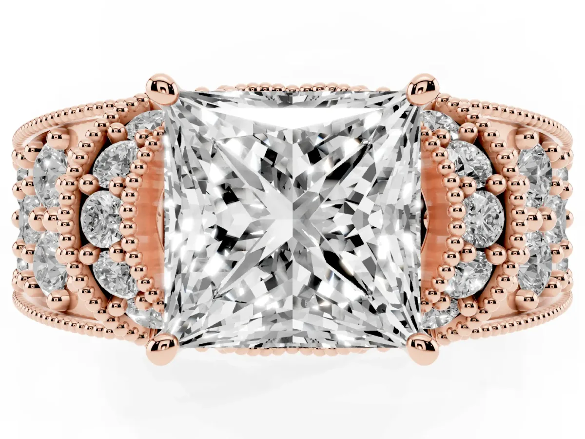 Princess Cut Halo Pave Diamond Engagement Ring with Milgrain Detailing Rose gold