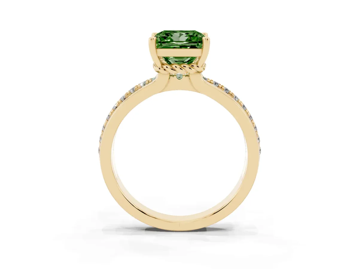 Fancy Green Princess Cut Solitaire Diamond Ring with Channel Set Band and Six-Prong Setting Yellow gold