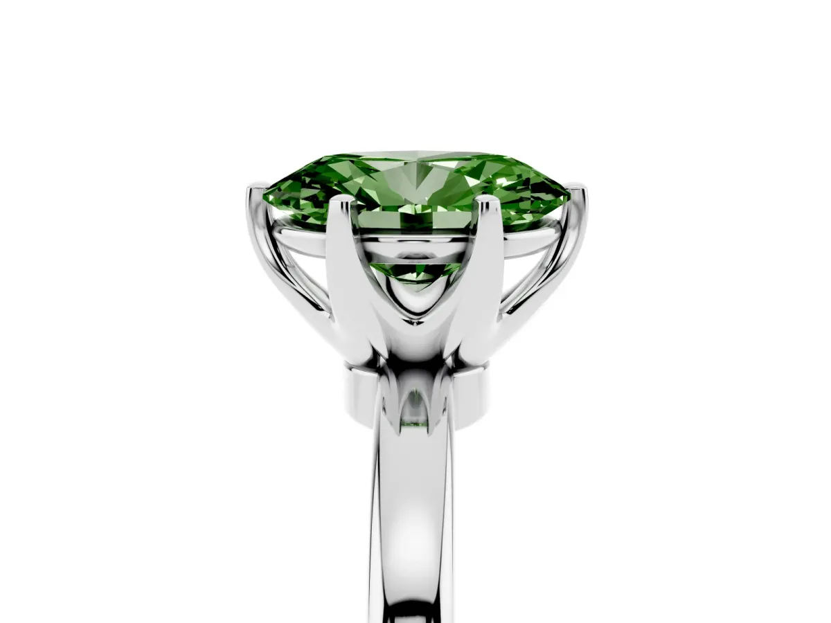 Fancy Green Oval Cut Solitaire Diamond Ring with Six-Prong Setting on a Classic Band Silver