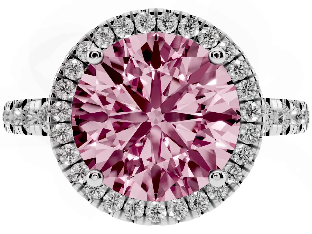 Fancy Pink Round Cut Diamond Halo Ring with Pavé Band and Four-Prong Setting Platinum
