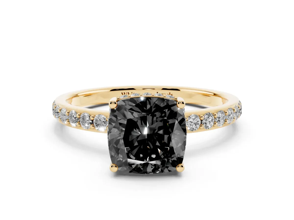 Fancy Black Cushion Cut Diamond Solitaire Ring with Pavé Band and Hidden Halo Yellow gold