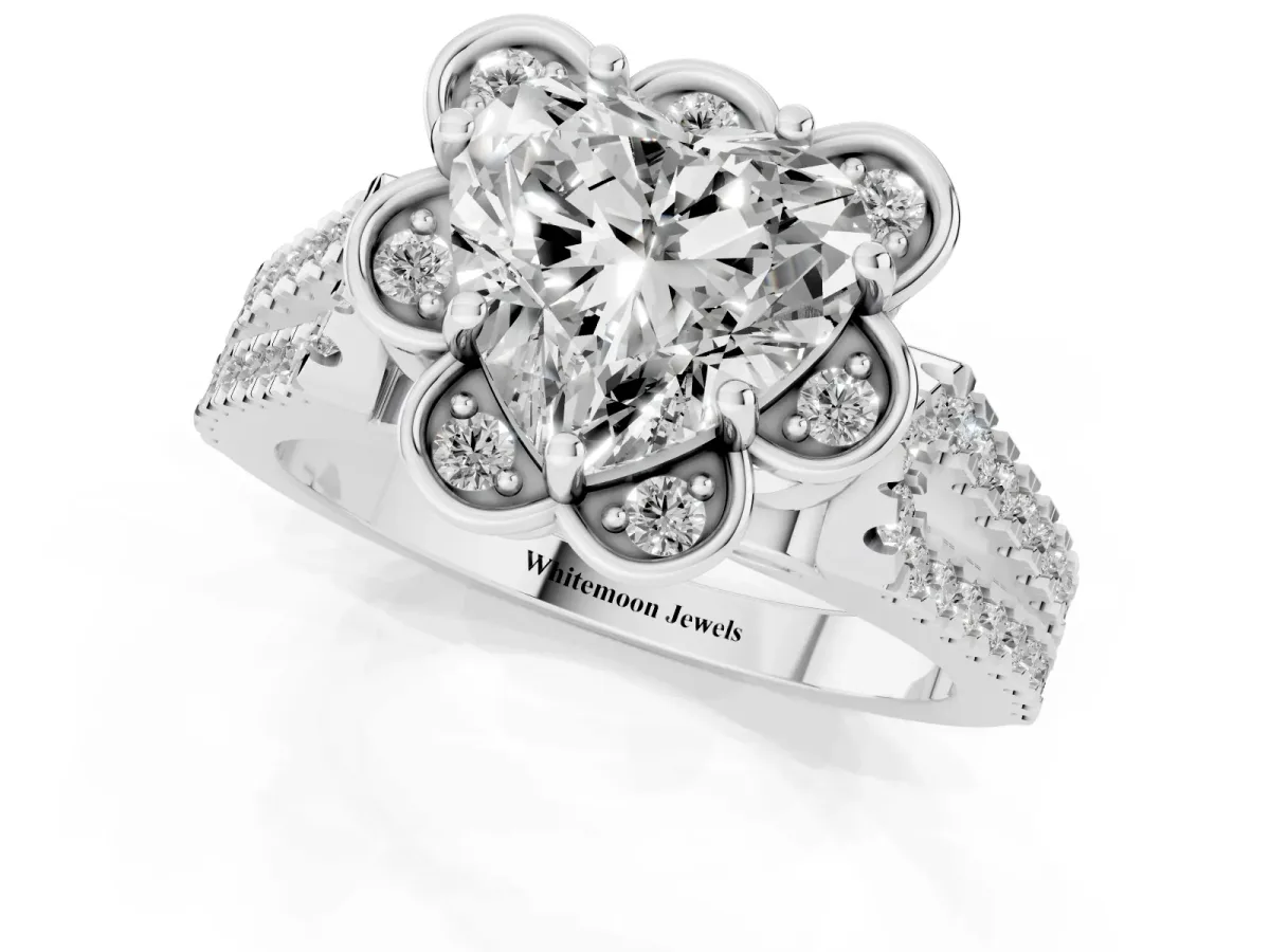 Heart Cut Halo Diamond Floral Split Shank Engagement Ring Silver