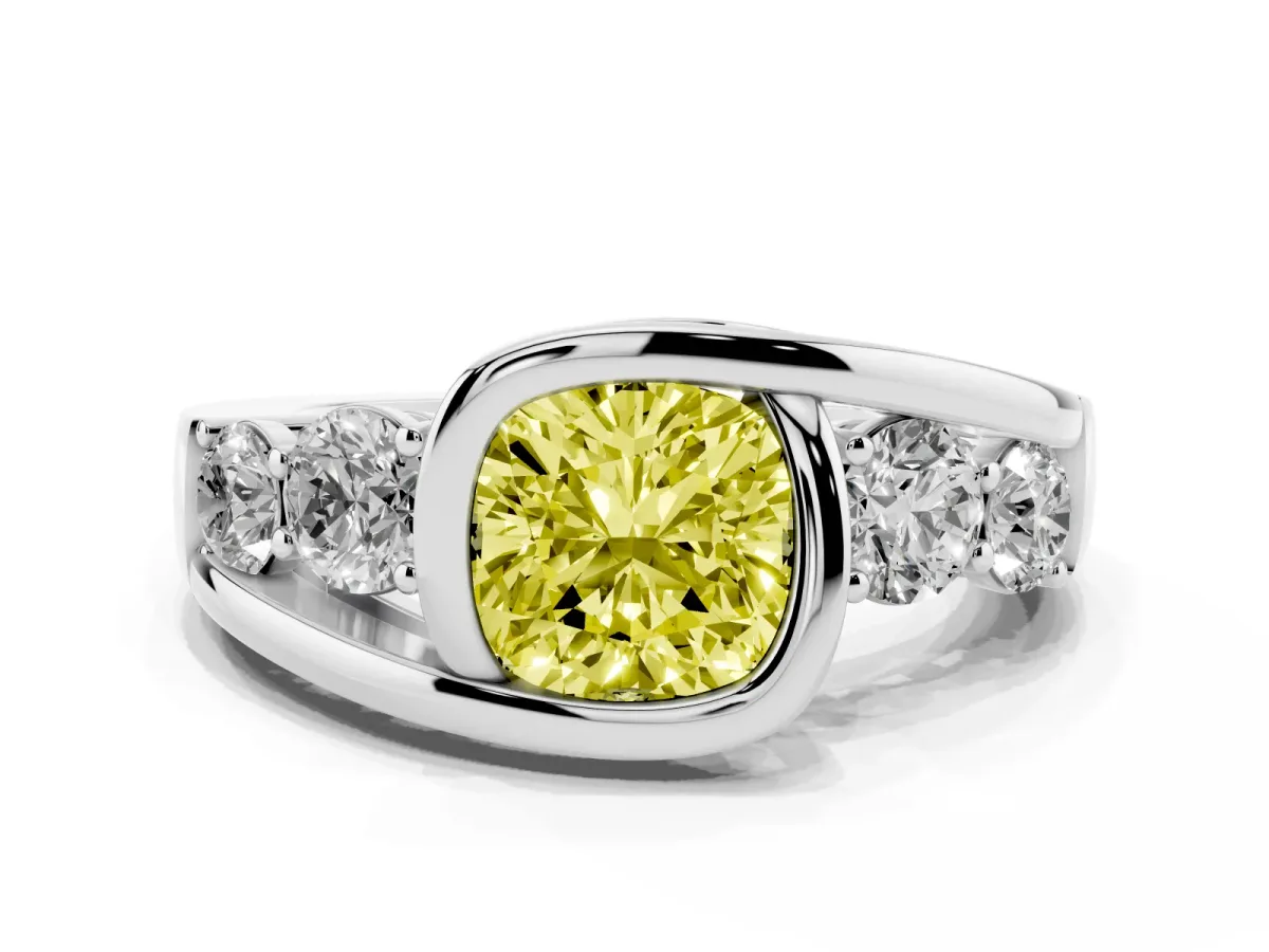 Fancy Yellow Bezel Set Cushion Cut Diamond Bypass Ring with Round Accents Silver