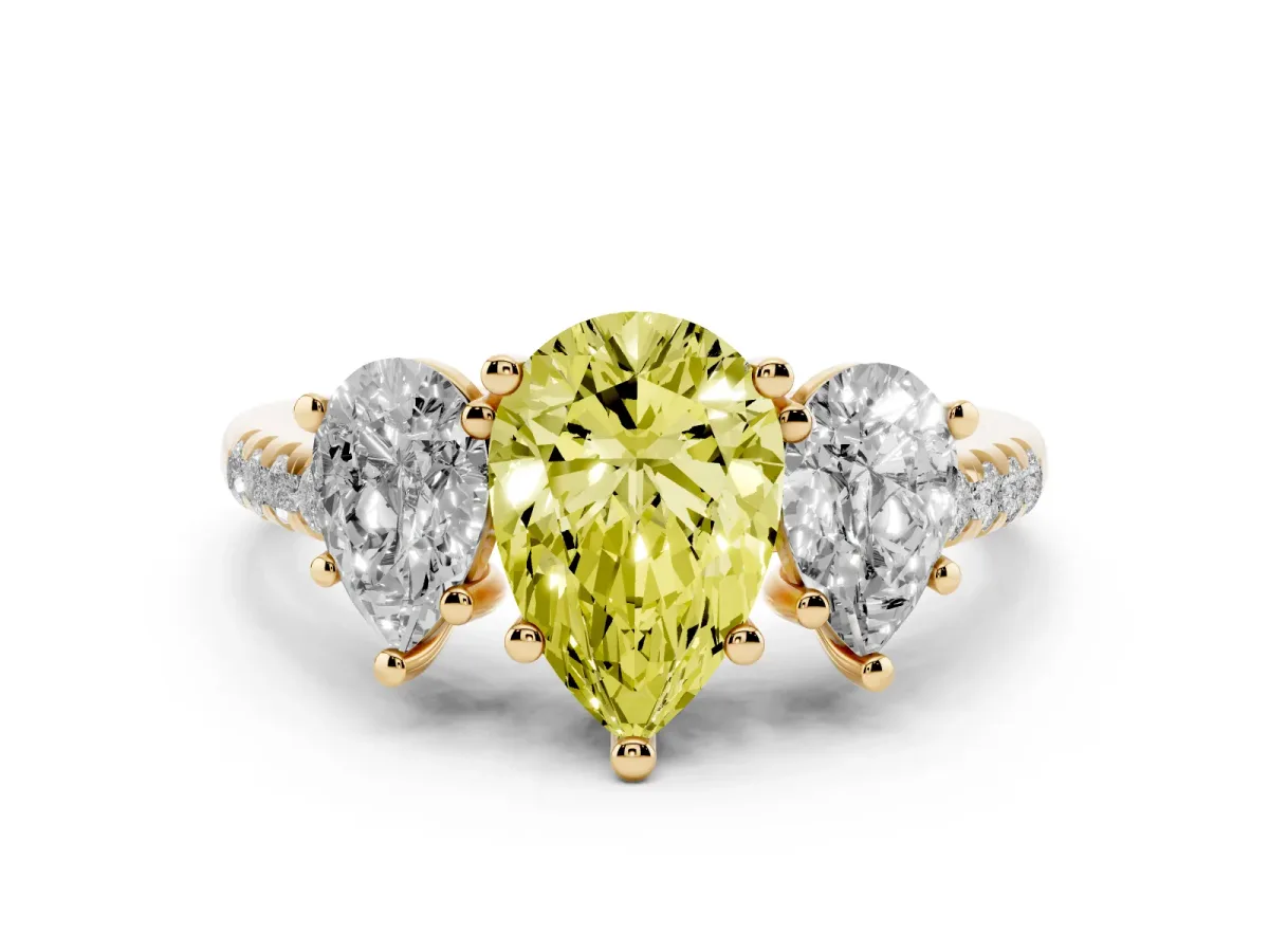 Fancy Yellow Three-Stone Pear Cut Diamond Ring with Round Pavé Band and Prong Setting Yellow gold