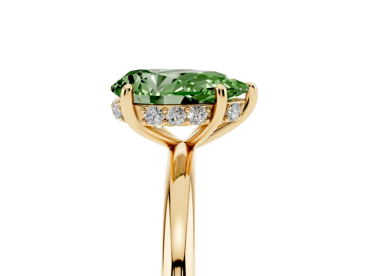 Fancy Green Pear Cut Solitaire Diamond Ring with a Classic Band and Four-Prong Setting Yellow gold