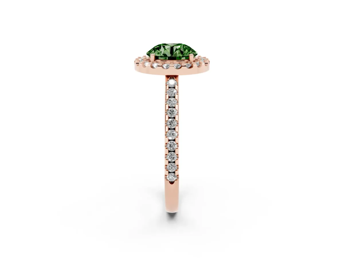 Fancy Green Round Cut Diamond Pavé Halo Ring with Four-Prong Setting Rose gold