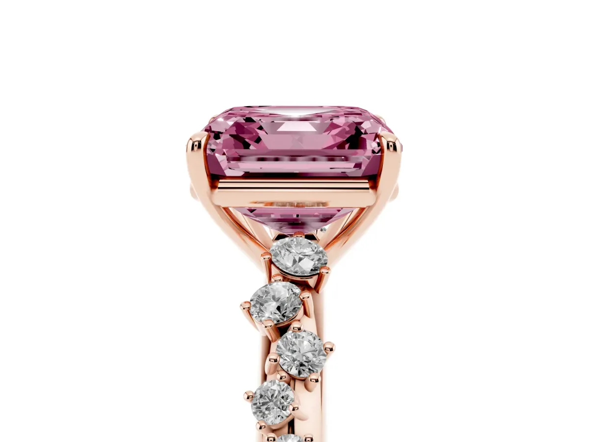 Fancy Pink Asscher Cut Diamond Cluster Side Stone Solitaire Ring with Prong Setting Rose gold