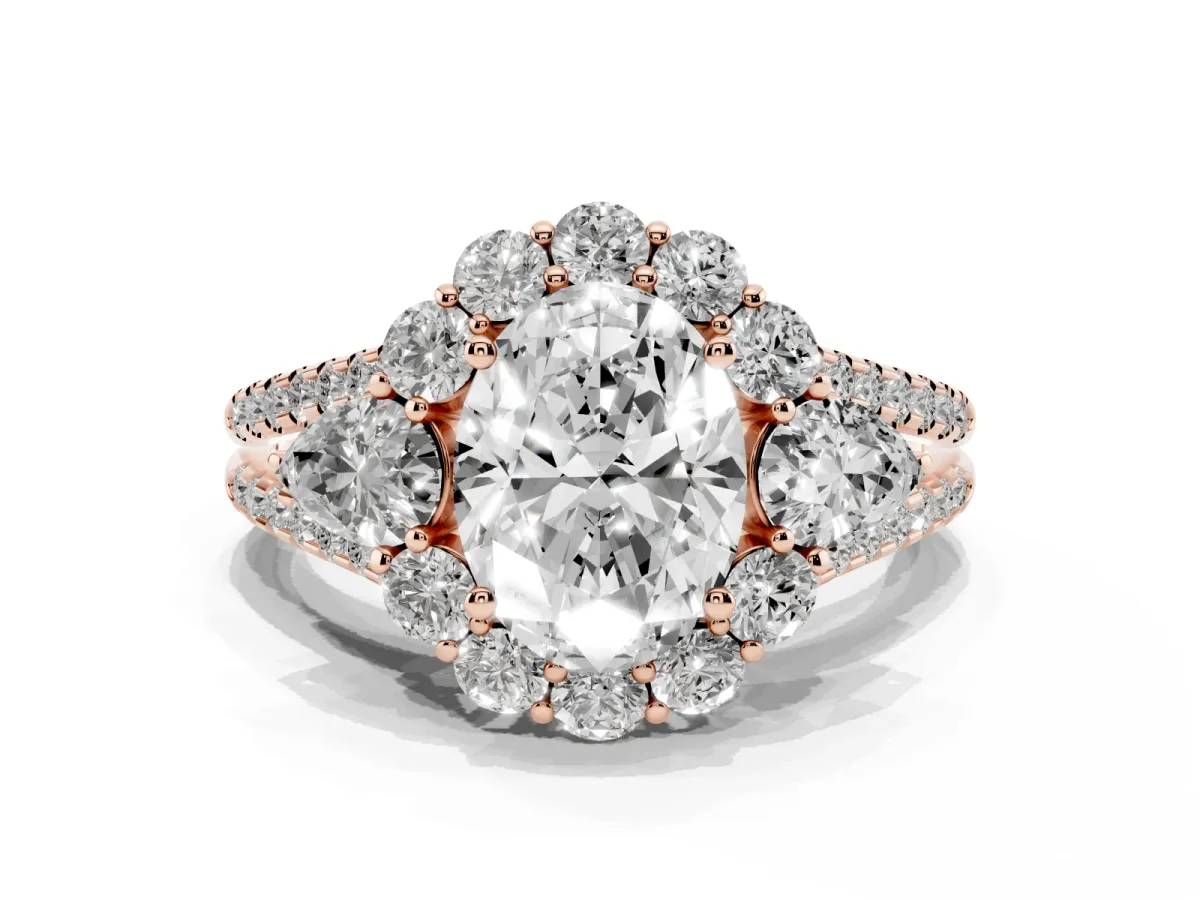 Oval Cut Halo Split Shank Diamond Engagement Ring with Prong Setting Rose gold