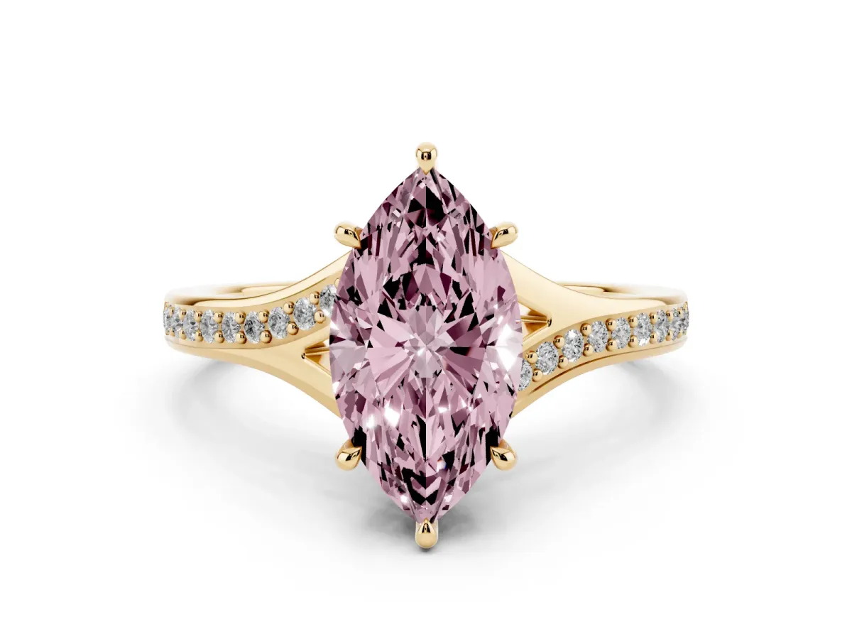 Fancy Pink Marquise Cut Diamond Solitaire Ring with Pavé Band and Prong Setting Yellow gold