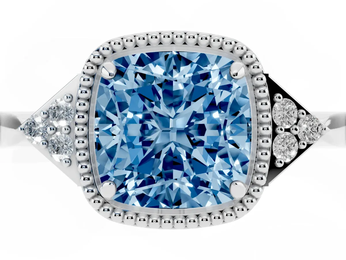 Fancy Blue Hexagonal Halo Cushion Cut Diamond Solitaire with Pavé Band and Four-Prong Setting Silver