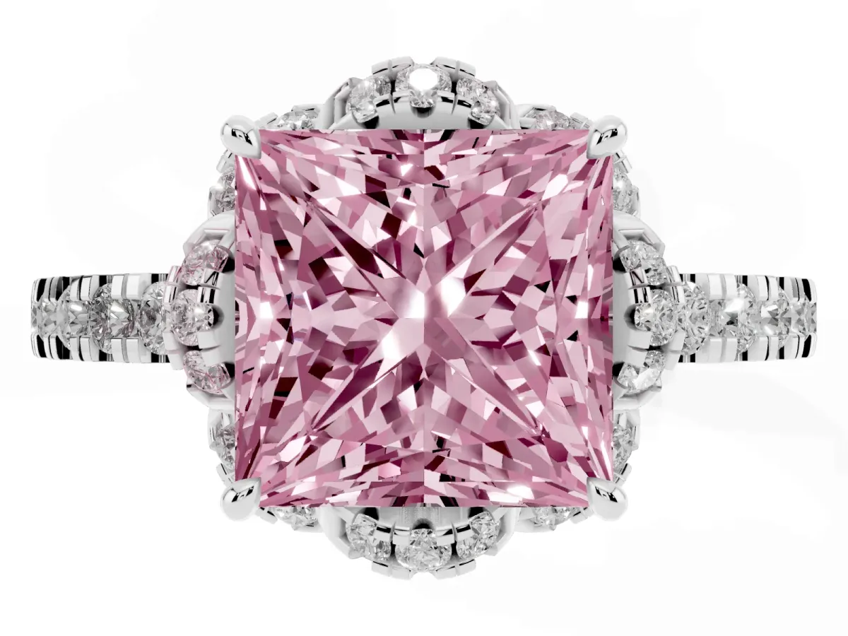 Fancy Pink Princess Cut Diamond Halo Pave Band with Four-Prong Setting Platinum