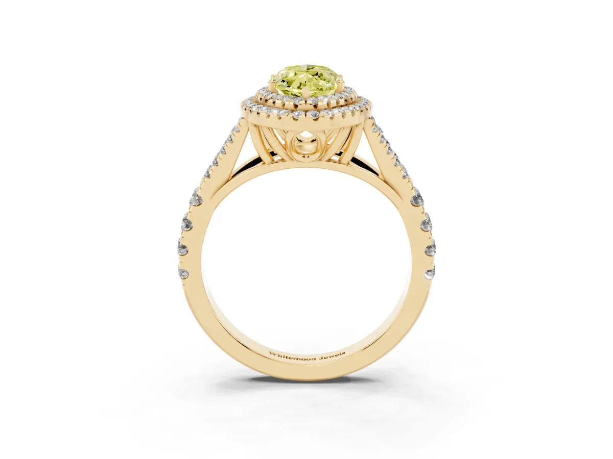 Fancy Yellow Marquise Cut Diamond Pavé Split Shank Double Halo Engagement Ring Yellow gold
