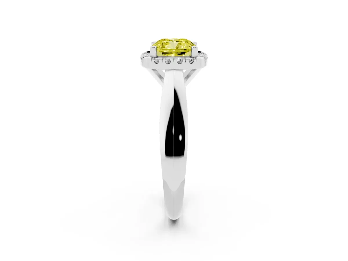 Fancy Yellow Cushion Cut Cut Halo Solitaire Engagement Ring with Square Band and Four-Prong Setting Platinum