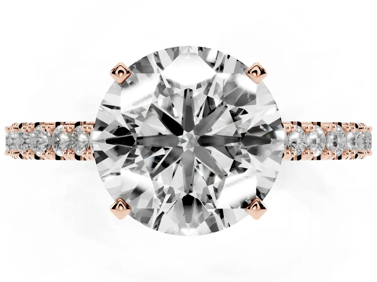 Round Cut Cut Solitaire Diamond Engagement Ring with Pave Band and Four-Prong Setting Rose gold