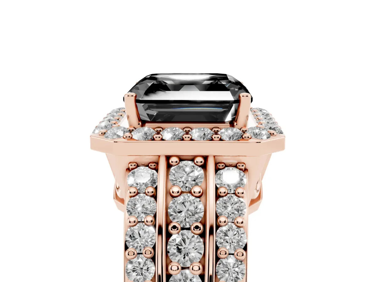 Fancy Black Asscher Cut Halo Diamond Ring with Round Split Shank and Prong Setting Rose gold