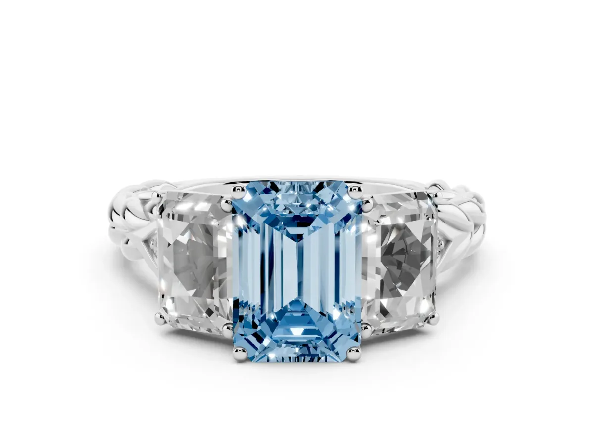 Fancy Blue Three-Stone Emerald Cut Diamond Braided Band Ring with Four-Prong Setting Platinum