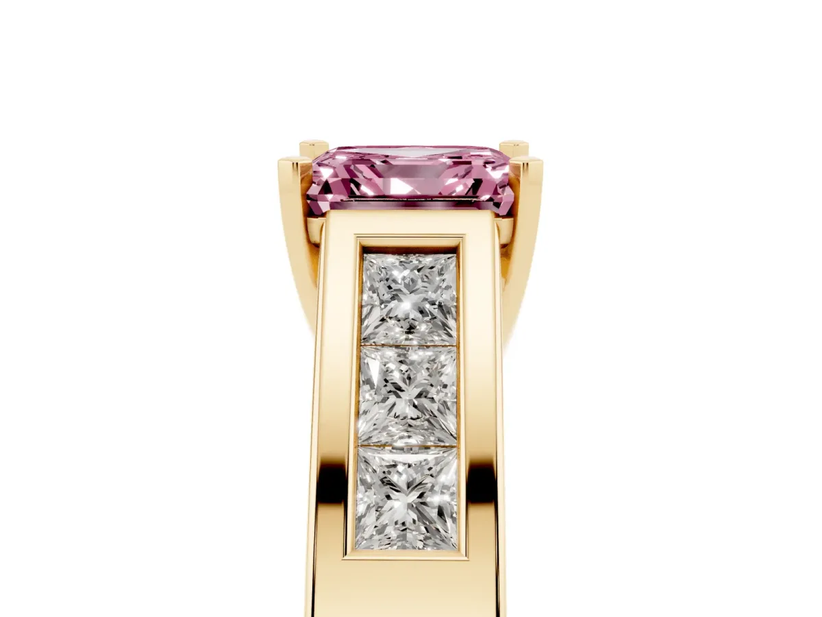 Fancy Pink Asscher Cut Cut Channel Set Solitaire Ring with Four-Prong Setting Yellow gold
