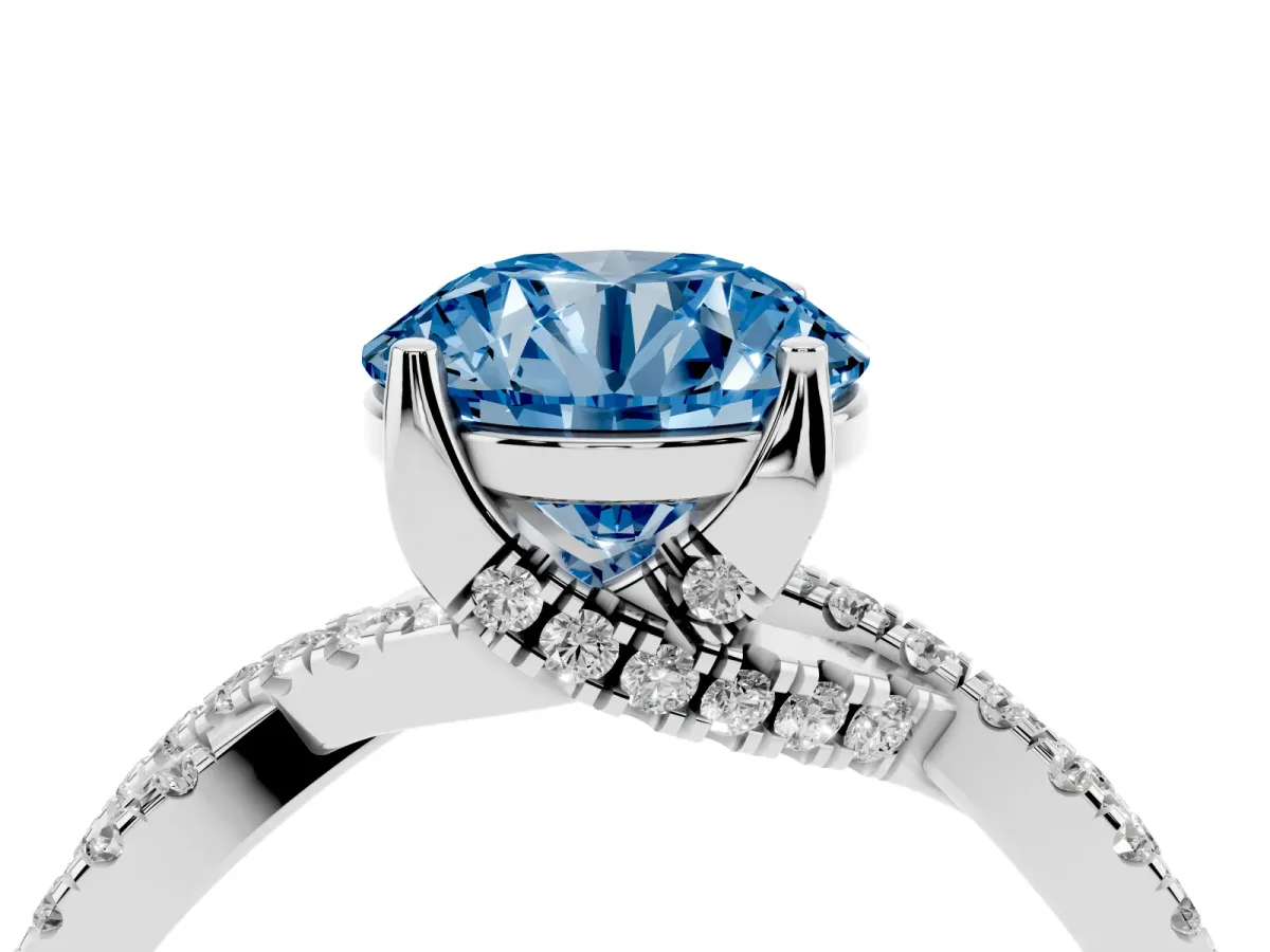 Fancy Blue Round Cut Solitaire Twist Pave Diamond Engagement Ring with Prong Setting Silver