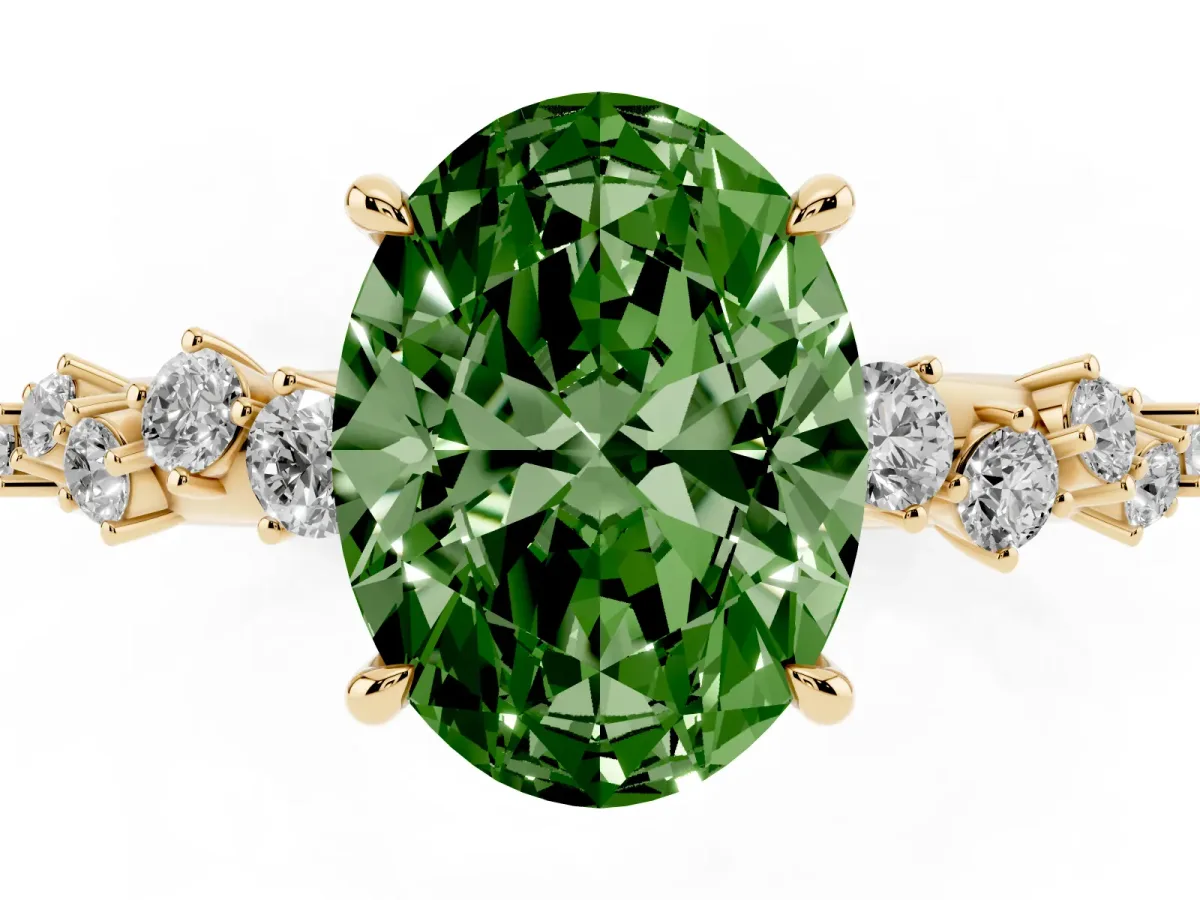 Fancy Green Oval Cut Diamond Cluster Side Stone Solitaire Ring with Prong Setting Yellow gold