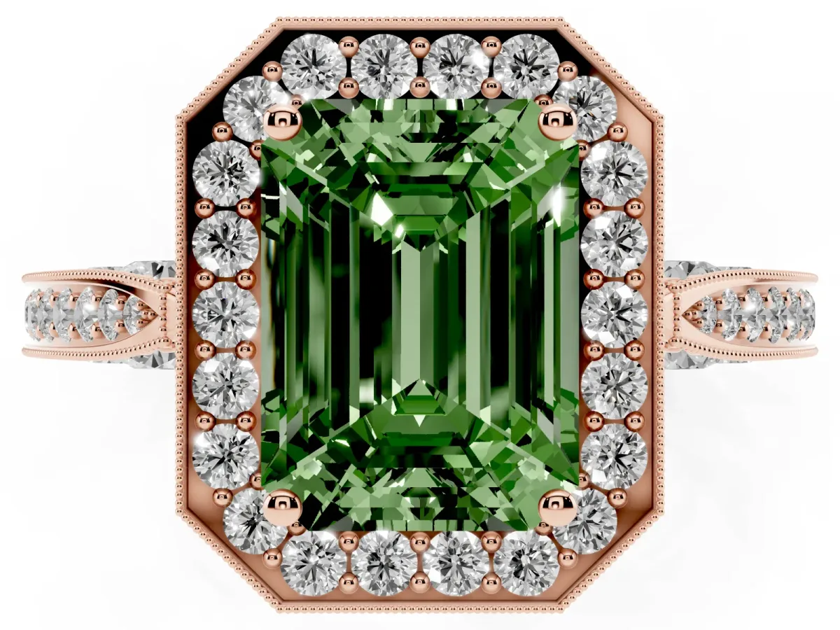 Fancy Green Emerald Cut Halo Diamond Engagement Ring with Split Shank Band and Four-Prong Setting Rose gold