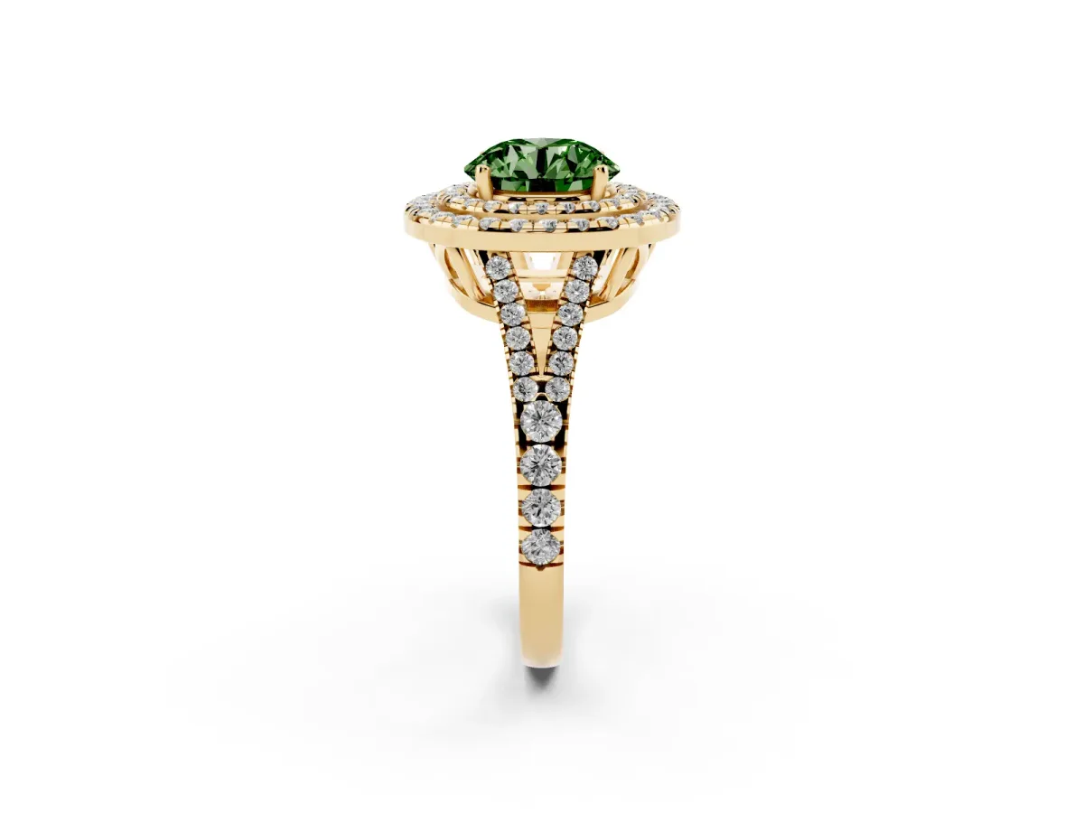 Fancy Green Round Cut Diamond Double Halo Ring with Pavé Band and Prong Setting Yellow gold