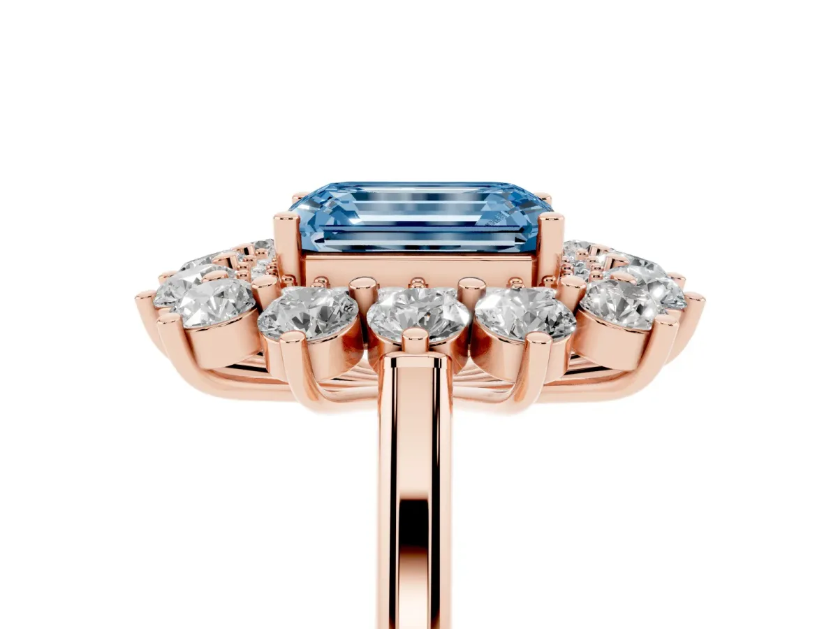 Fancy Blue Emerald Cut Diamond Floral Double Halo Engagement Ring with Prong Setting Rose gold