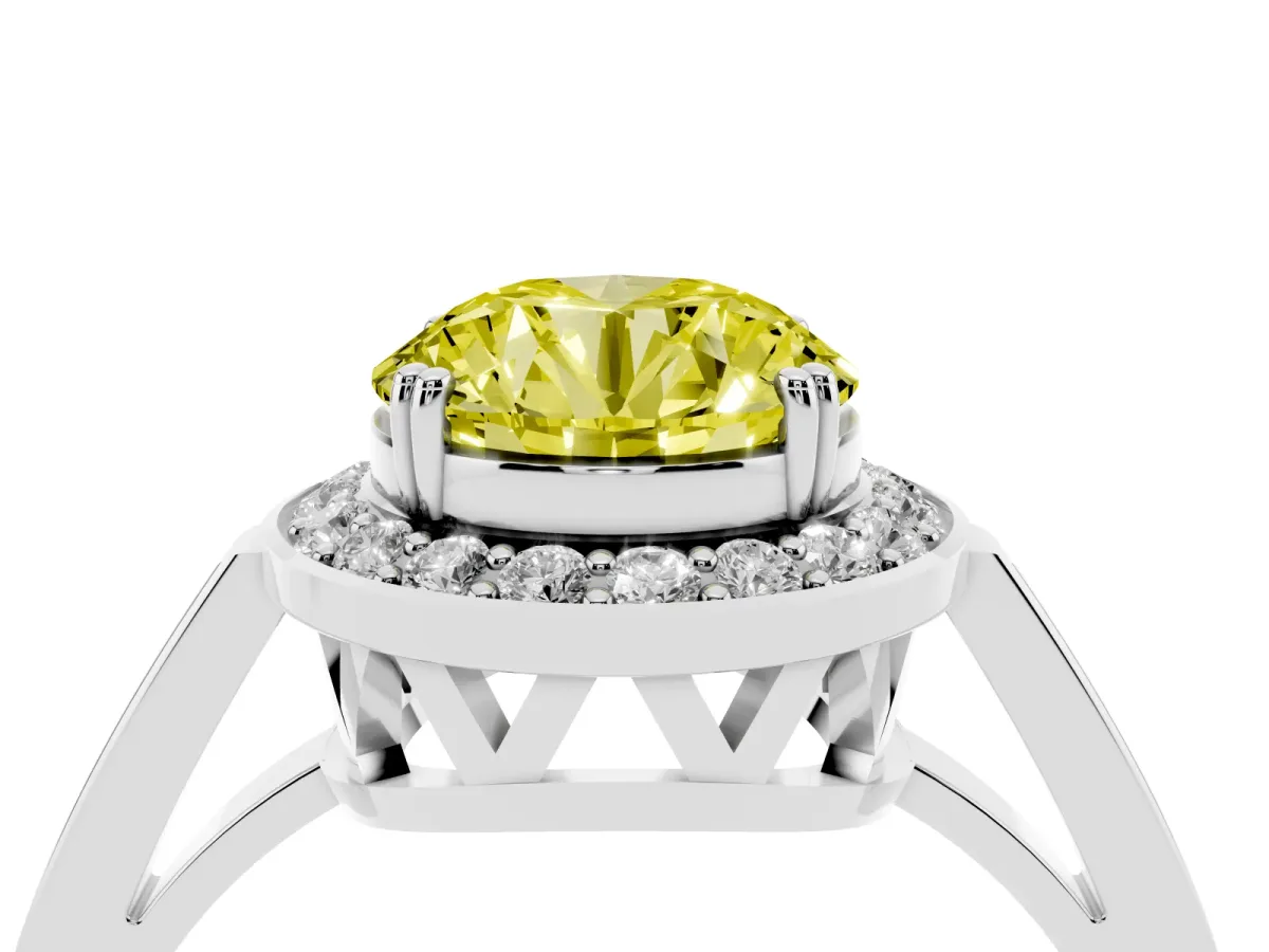 Fancy Yellow Round Cut Diamond Halo Ring with Split Shank and Four-Prong Setting Silver
