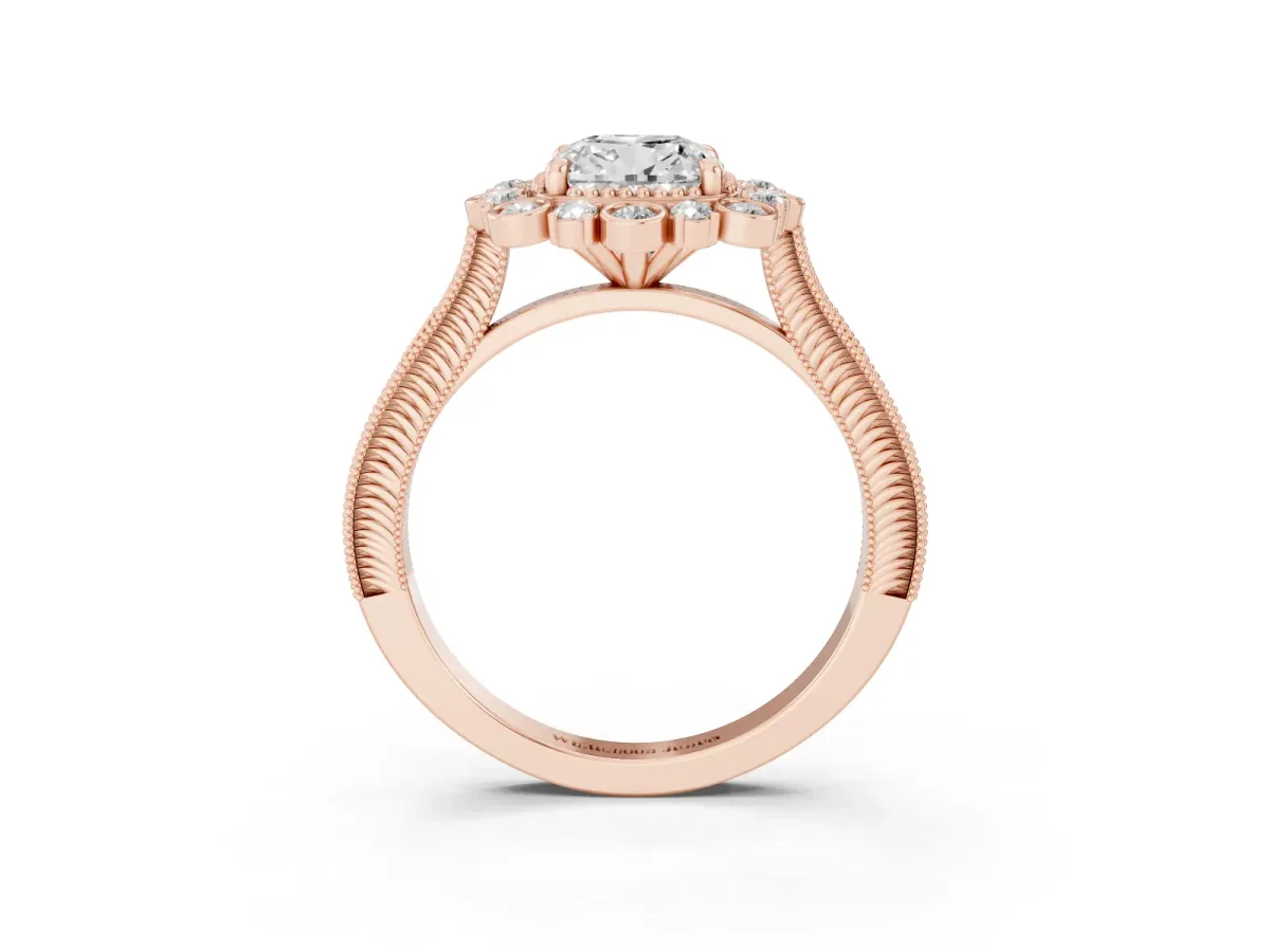 Cushion Cut Halo Milgrain Pave Diamond Ring with Four-Prong Setting Rose gold