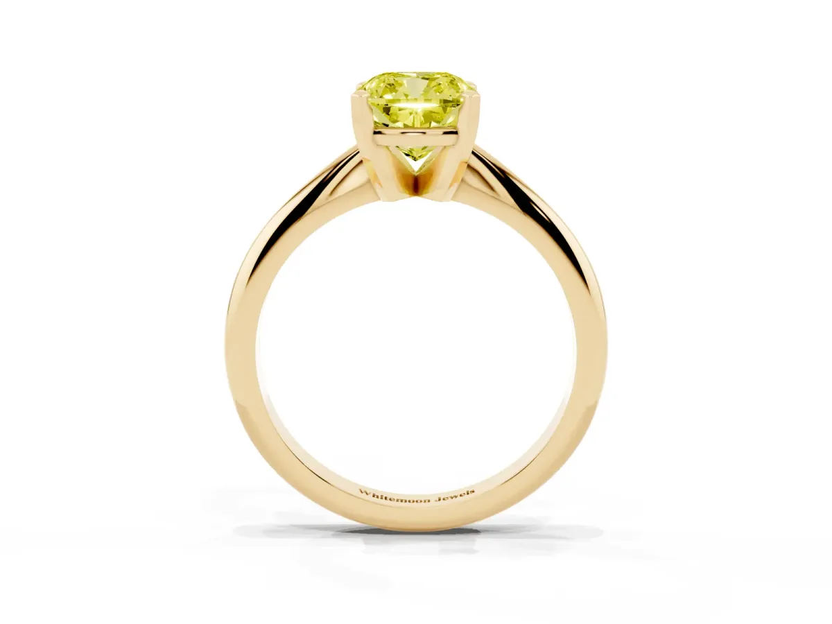 Fancy Yellow Cushion Cut Cut Solitaire Ring with Four-Prong Setting on a Classic Band Yellow gold