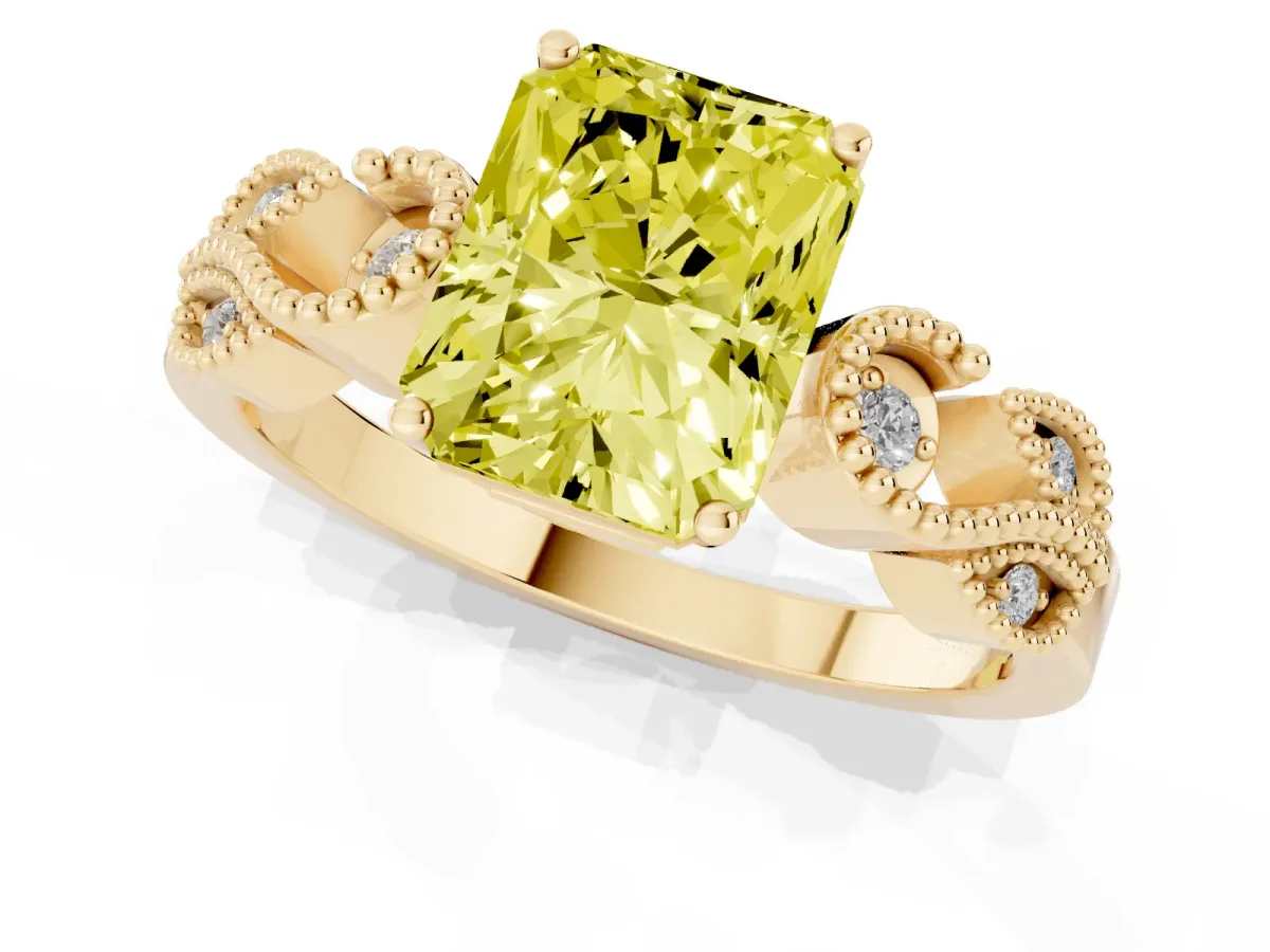Fancy Yellow Radiant Cut Solitaire Milgrain Leaf Band with Prong Setting Yellow gold