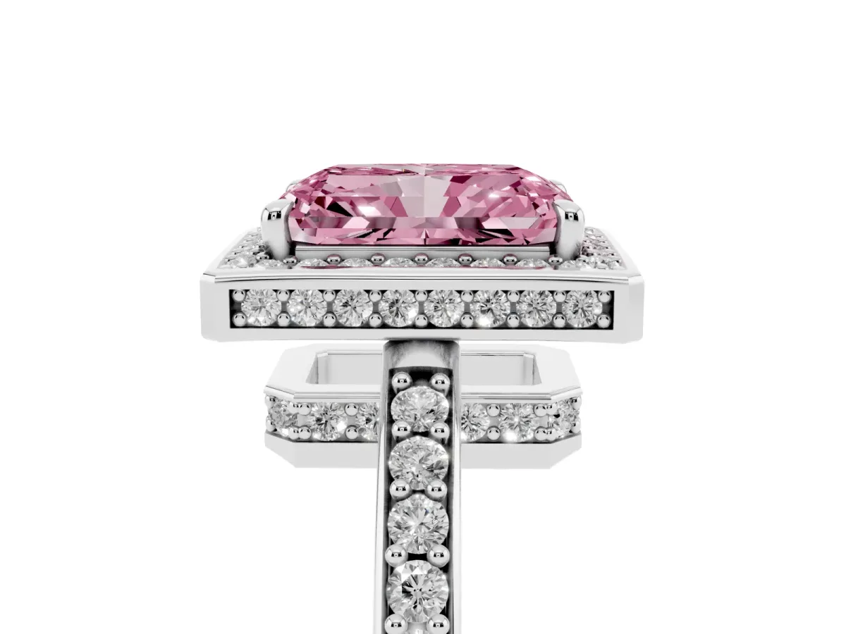 Fancy Pink Radiant Cut Halo Pave Band Solitaire Ring with Prong Setting Silver