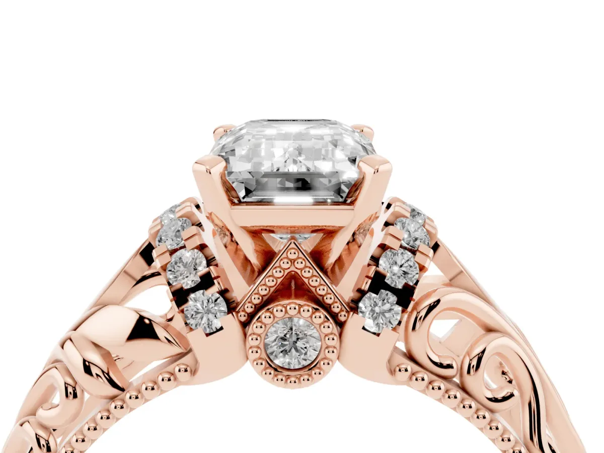 Emerald Cut Solitaire Filigree Engagement Ring with Halo and Prong Setting Rose gold
