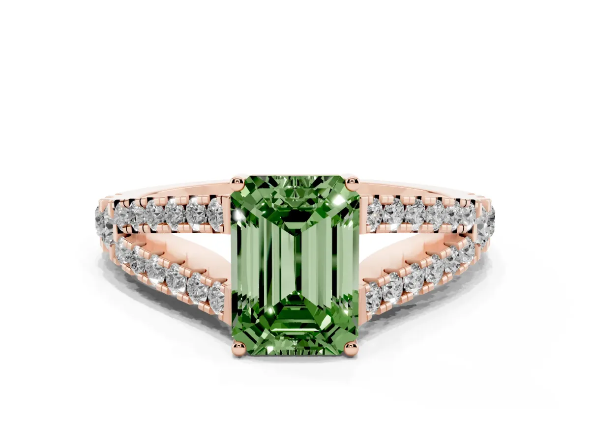 Fancy Green Emerald Cut Diamond Split Shank Engagement Ring with Round Pavé and Prong Setting Rose gold