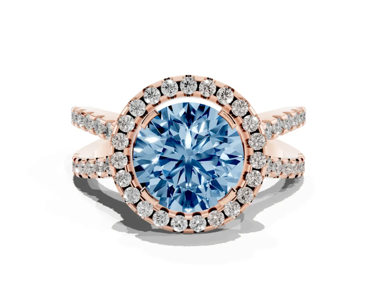 Fancy Blue Round Cut Diamond Halo Ring with Split Shank Pavé Band and Prong Setting Rose gold
