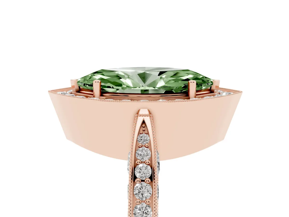 Fancy Green Marquise Cut Halo Diamond Engagement Ring with Split Shank Band and Four-Prong Setting Rose gold
