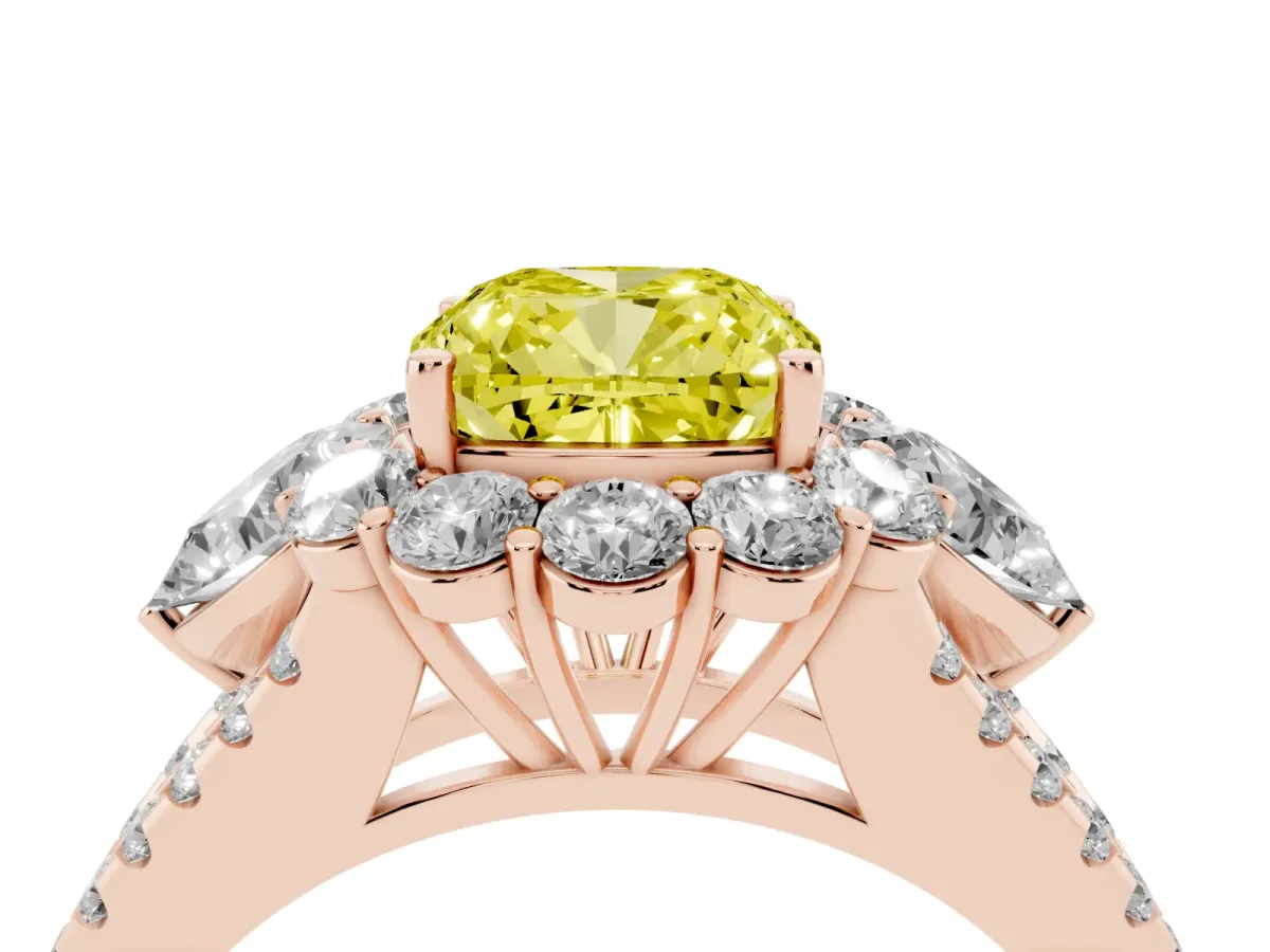 Fancy Yellow Cushion Cut Halo Split Shank Diamond Engagement Ring with Prong Setting Rose gold