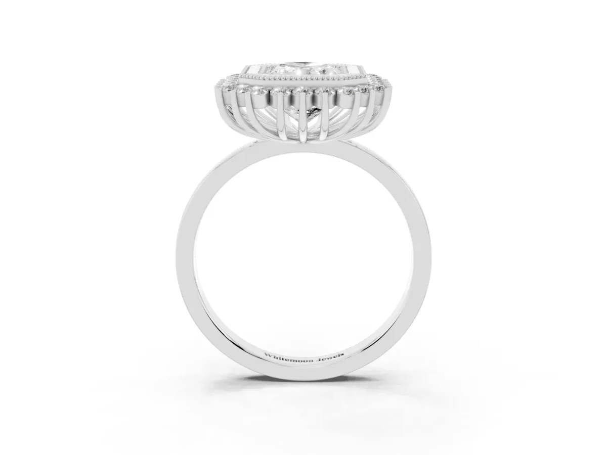 Radiant Cut Halo Diamond Ring with Milgrain Edge and Round Prong Setting Silver