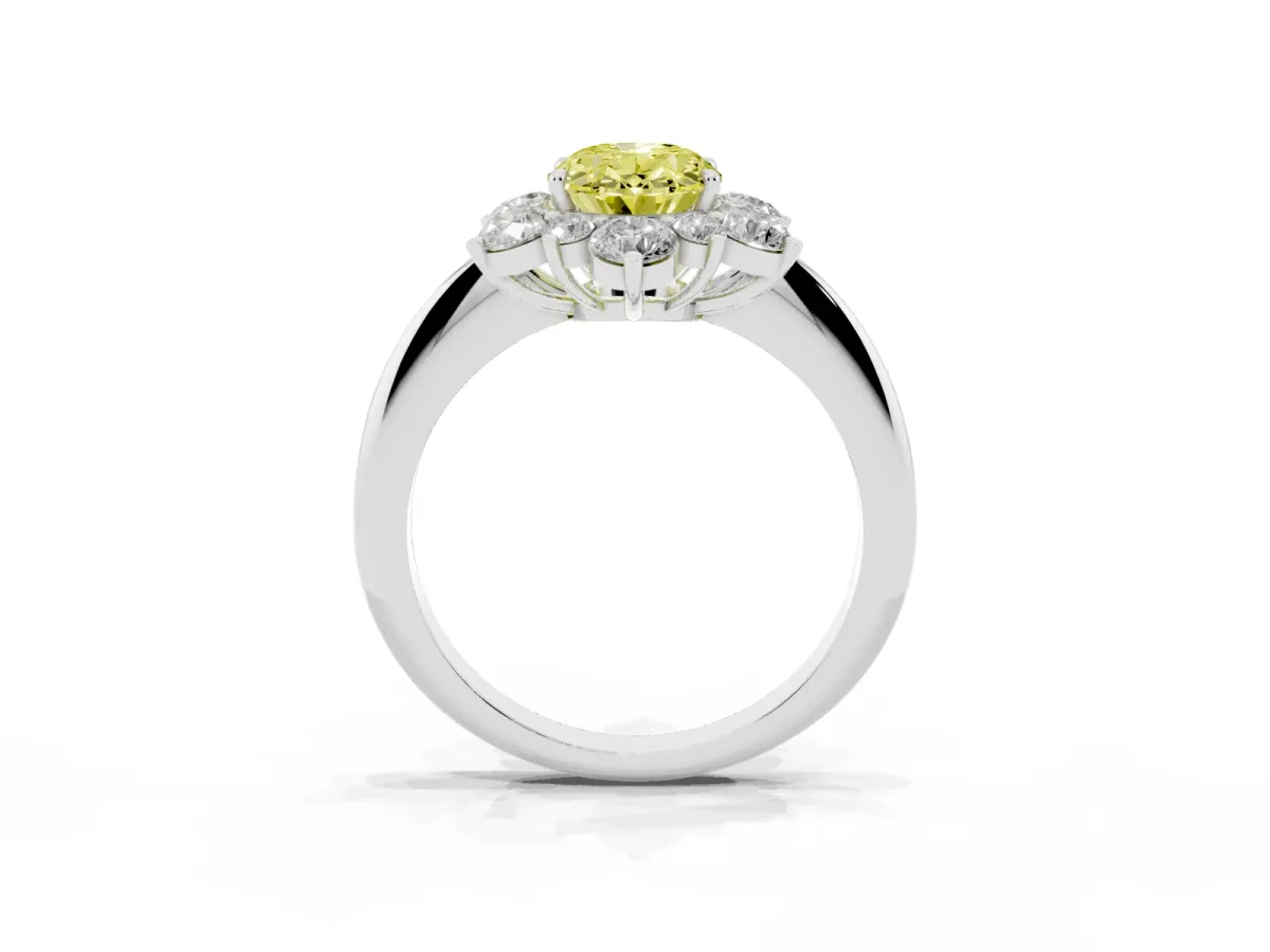Fancy Yellow Oval Cut Diamond Cluster Halo Ring with Solitaire Band and Four-Prong Setting Silver