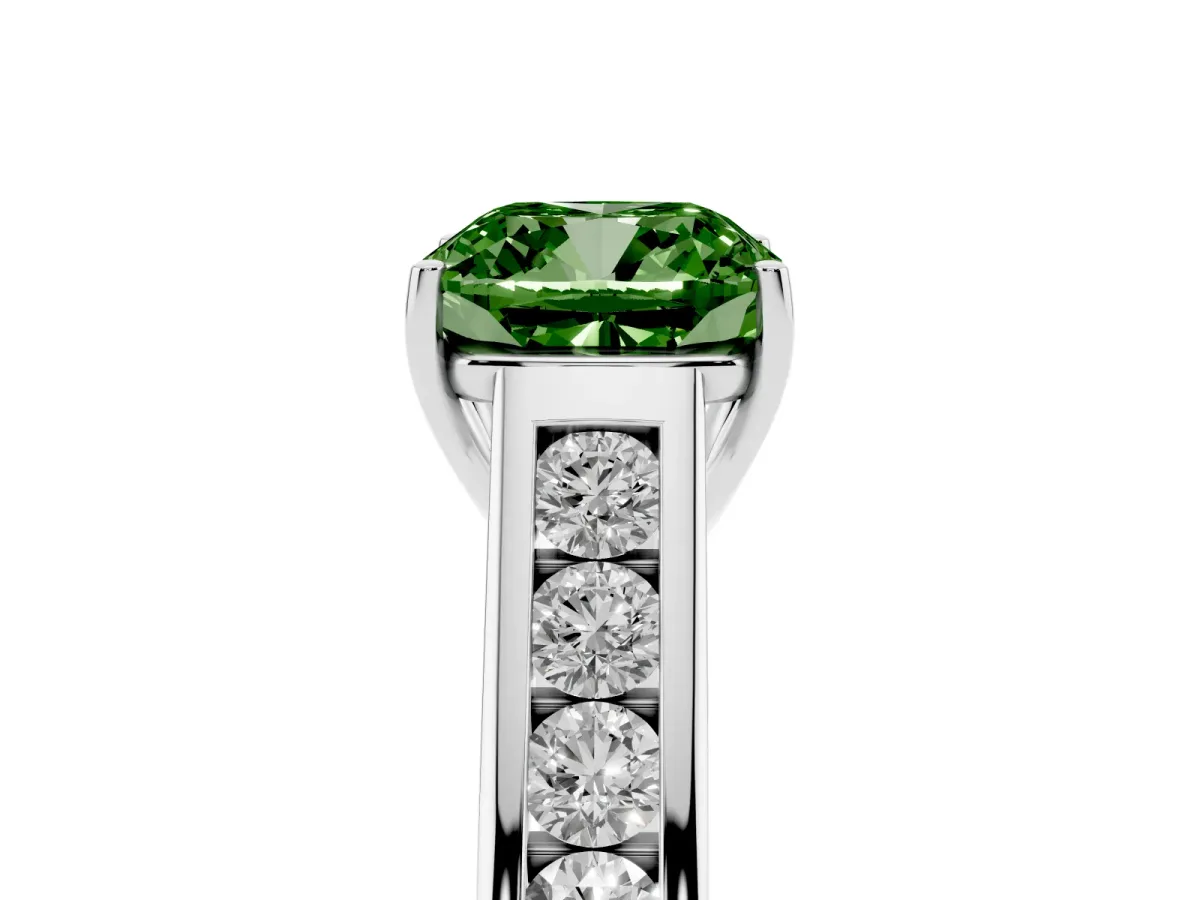 Fancy Green Cushion Cut Brilliant Channel-Set Solitaire Ring with Four-Prong Setting Silver