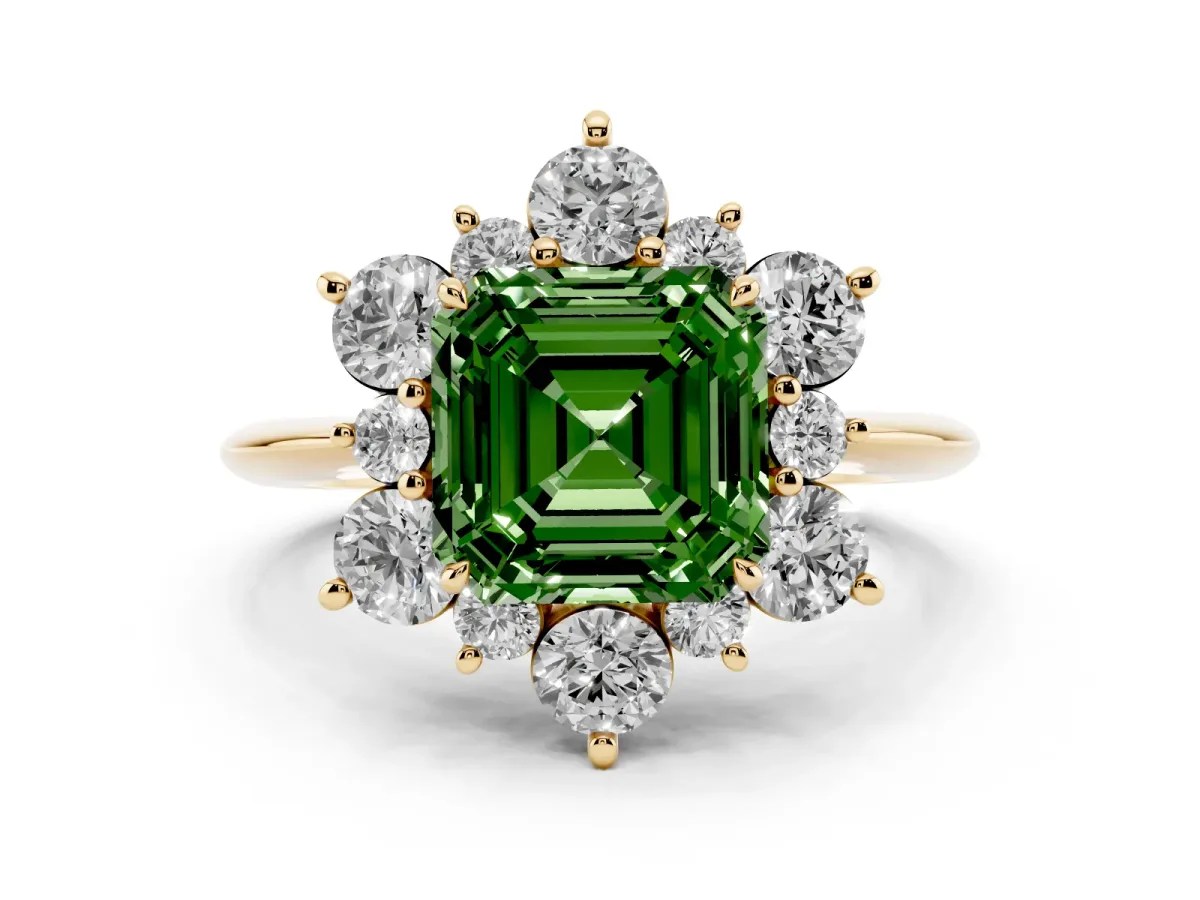Fancy Green Asscher Cut Diamond Cluster Halo Ring with Solitaire Band and Four-Prong Setting Yellow gold