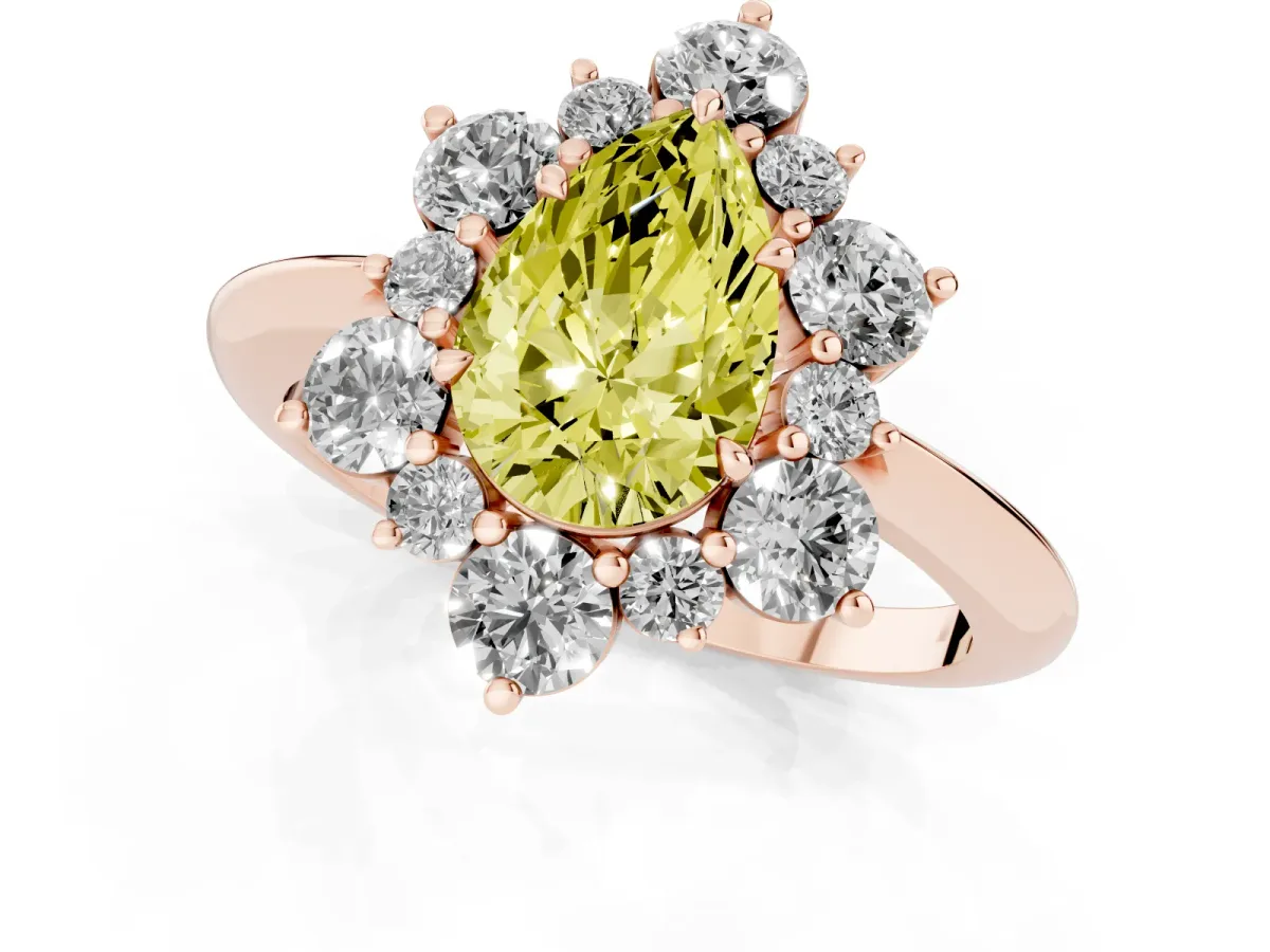 Fancy Yellow Pear Cut Diamond Cluster Halo Ring with Solitaire Band and Four-Prong Setting Rose gold