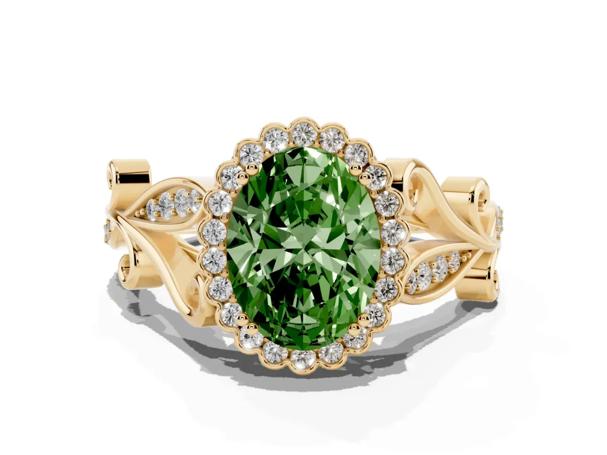 Fancy Green Oval Cut Diamond Halo Ring with Vintage Split Shank and Four-Prong Setting Yellow gold